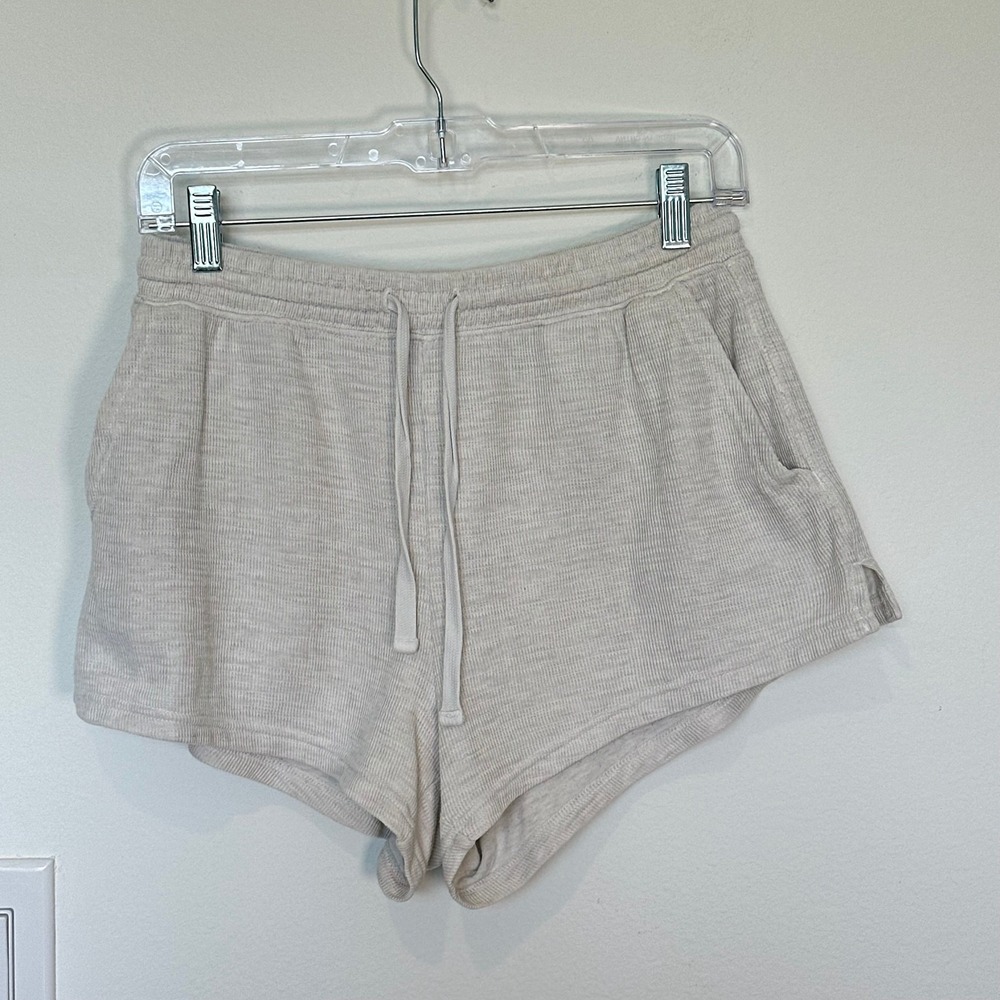 Aerie Lounge Shorts High Rise Waffle Knit Drawstring Coastal Cream Relaxed Fit S